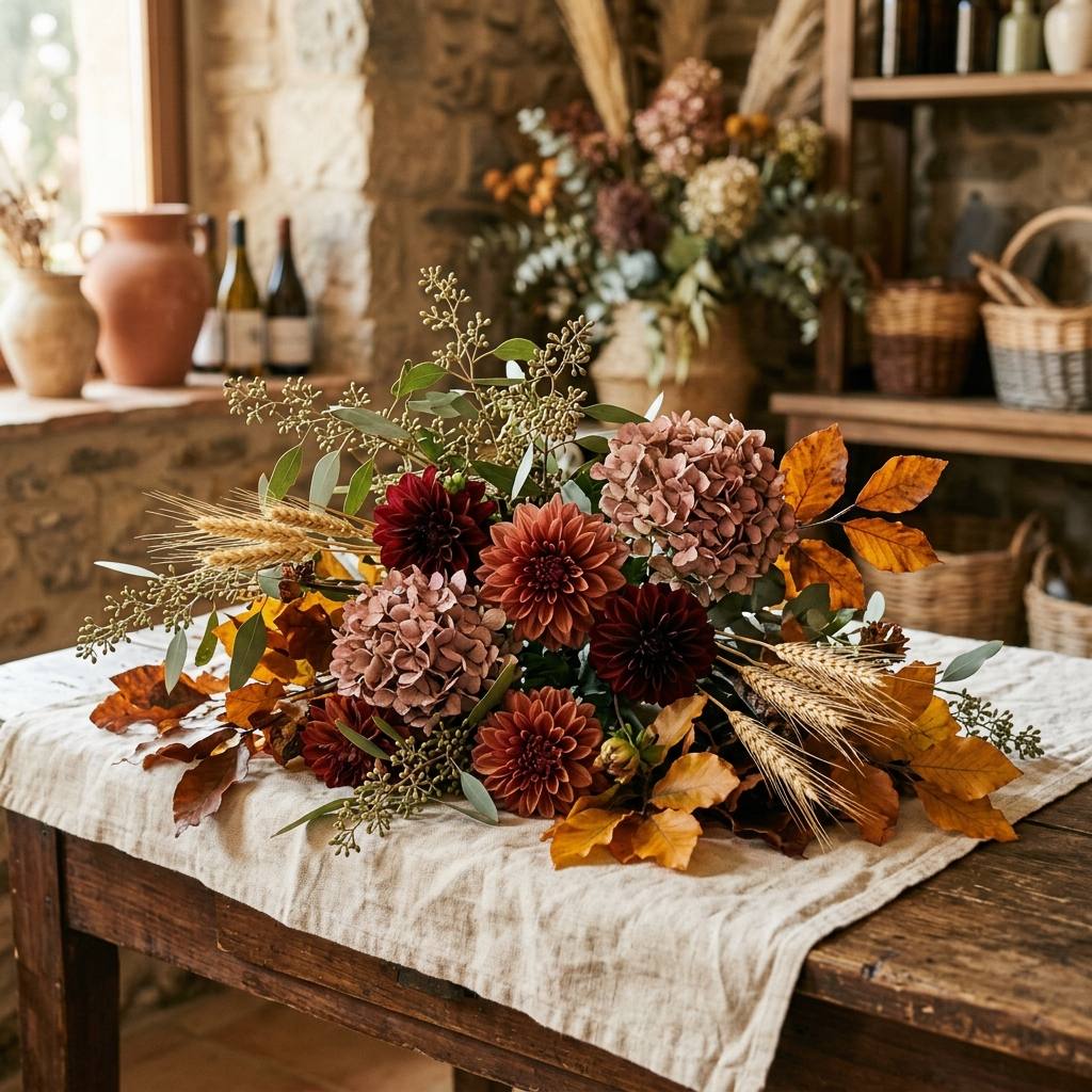 Dàlies granates, hortènsies seques i fulles de tardor sobre un mantell rústic — la tardor al taller.
