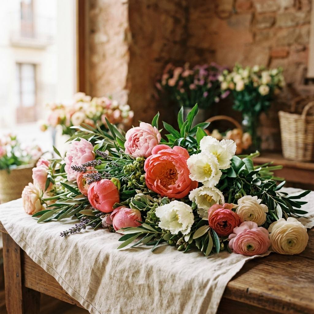 Peònies, tulipes i ranuncles sobre un mantell de lli — flors típiques de la primavera al taller.