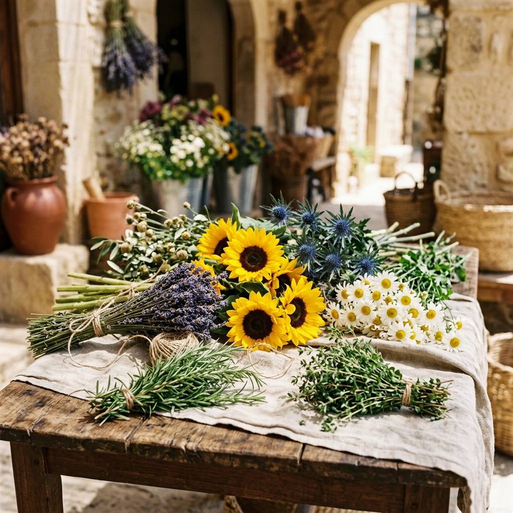 Gira-sols, espígol i herbes aromàtiques sobre una taula de fusta — l'estiu al taller.