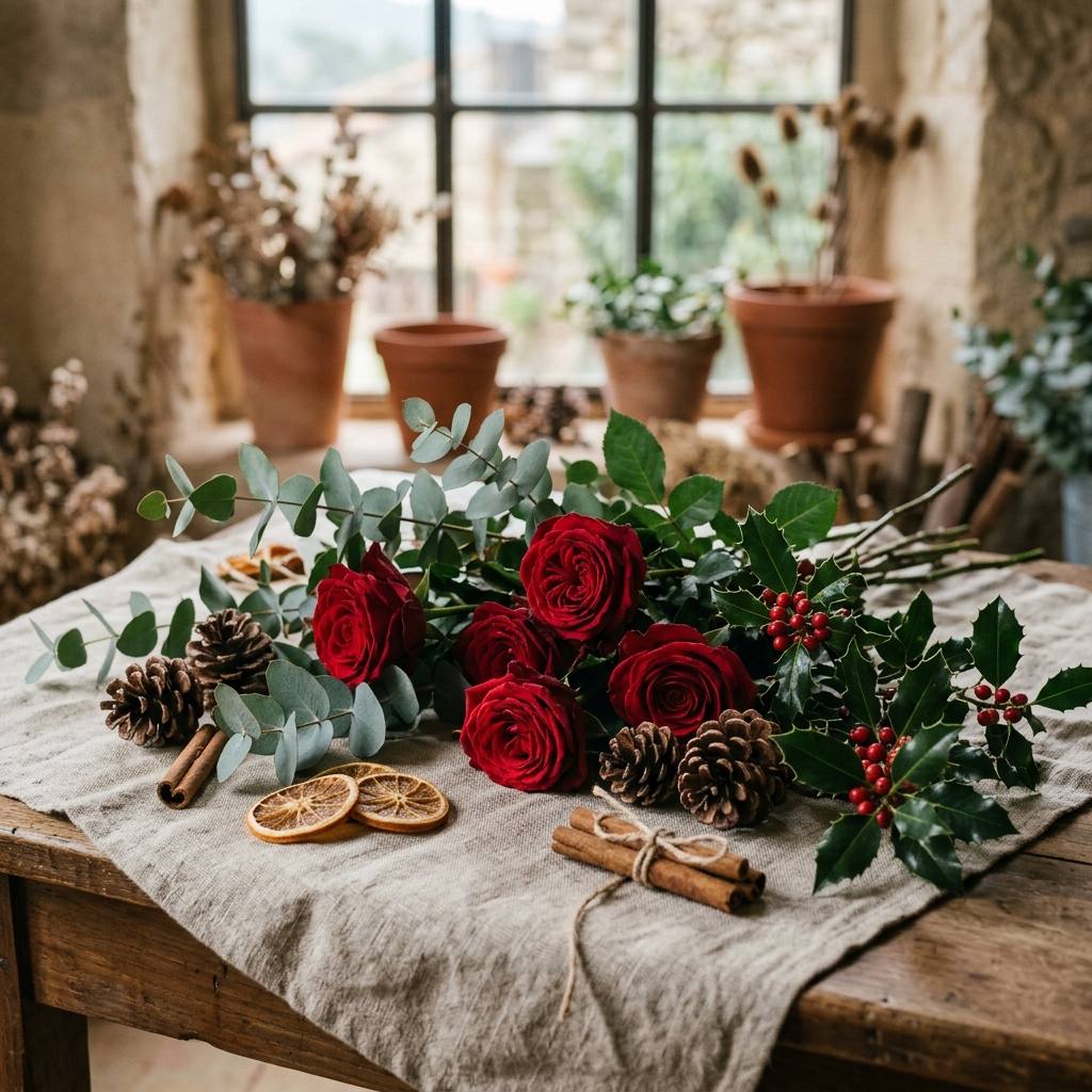 Roses vermelles, eucaliptus plata i grèvol sobre un mantell de lli — l'hivern al taller.