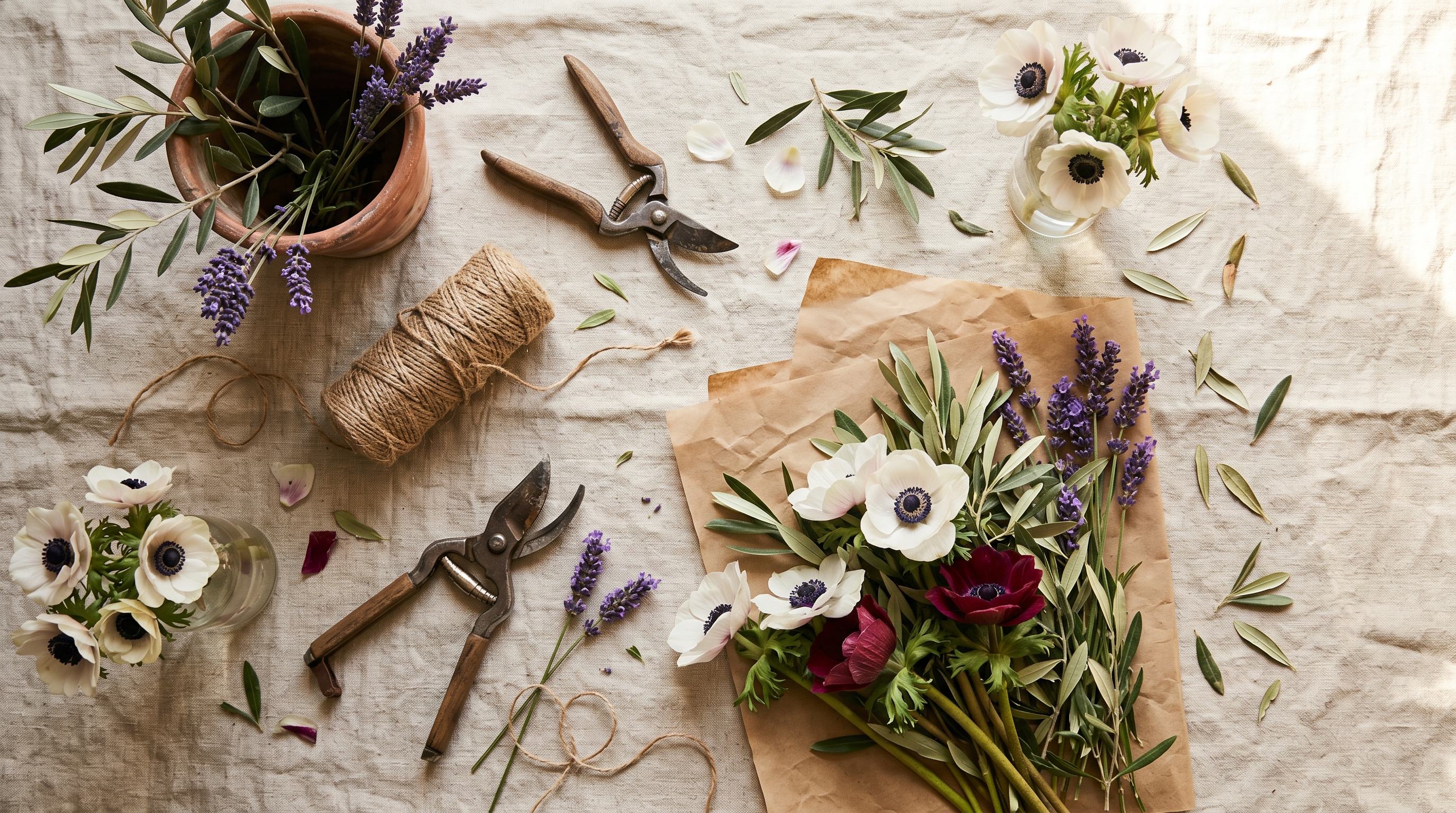 Tisores, cordill, paper kraft i anèmones blanques sobre un mantell de lli — el taller de la Flors Marta Pons.