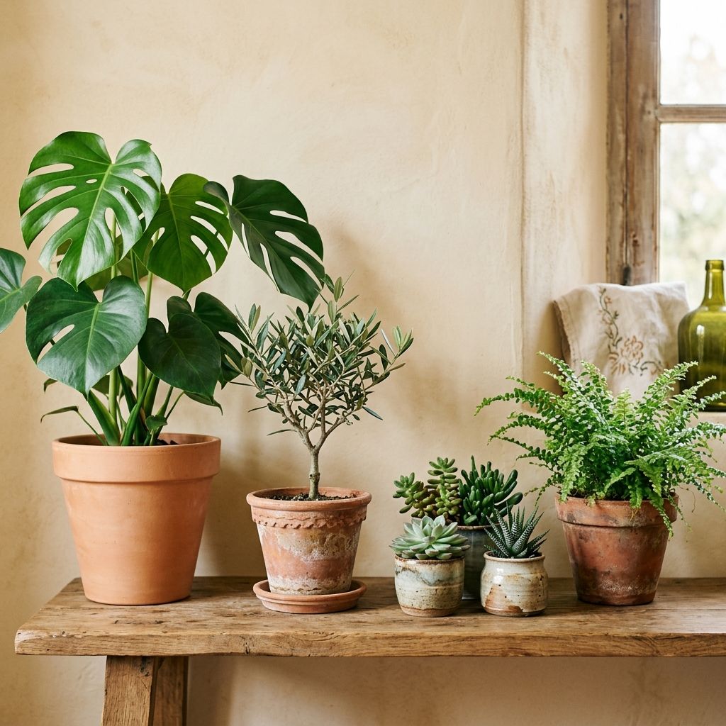 Plantes d'interior en testos de terracota: monstera, oliverola i suculentes en una lleixa de fusta